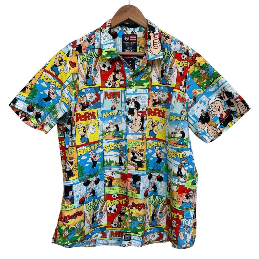Phat Farm Men’s Popeye Cartoon Comic Strip Short Sleeve Button Up Shirt Size XL